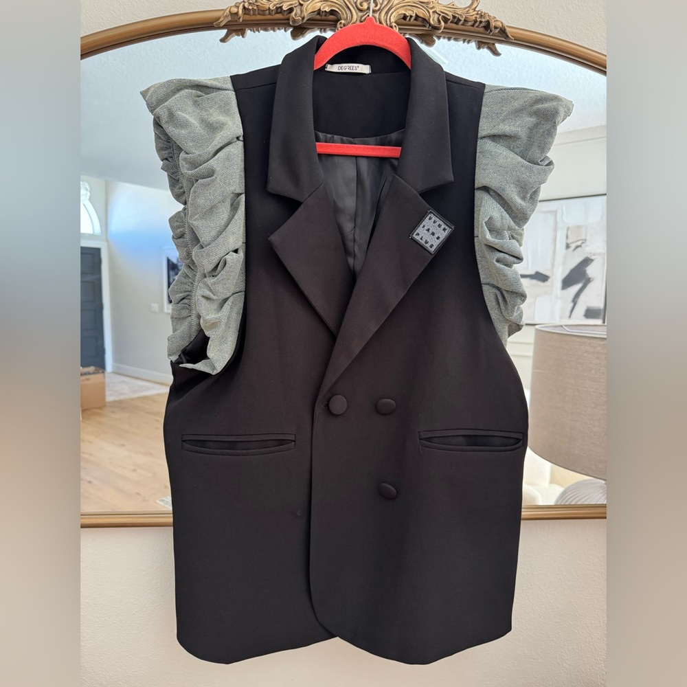 Black Double-Breasted Vest with Gray Ruffled Sleeves